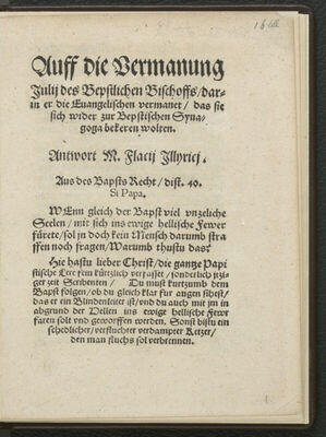 Auff die Vermanung Julii des bepstlichen Bischoffs darin er 