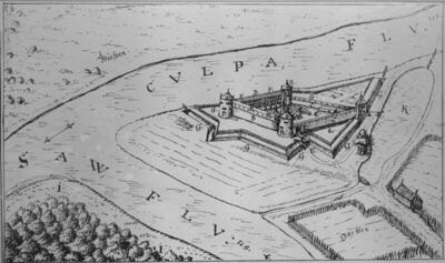 Sisak - Stari grad - Grafika s prikazom Starog grada iz vrem