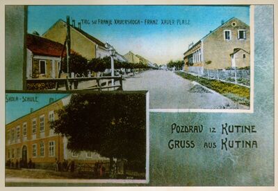 Kutina - Razglednica diptihalnog karaktera s prikazom Trga s