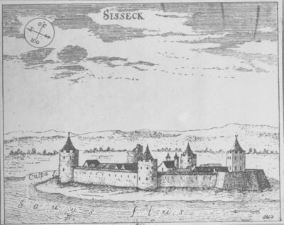 Sisak - Stari grad - Grafika s prikazom Starog grada iz Valv