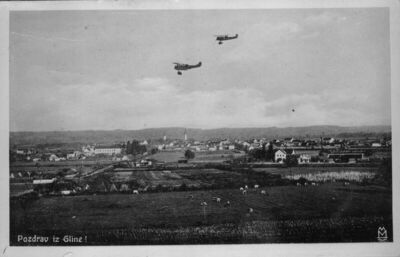 Glina - Panorama s katoličkom i pravoslavnom crkvom; litogra