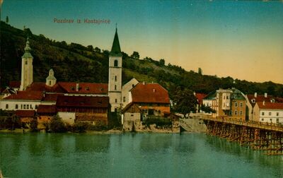 Hrvatska Kostajnica - Dio naselja uz most te pravoslavnu i k