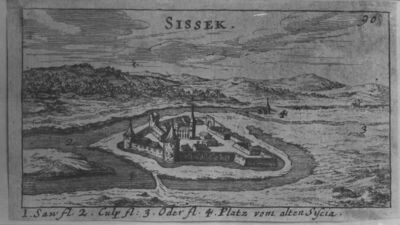 Sisak - Stari grad - Grafika s prikazom Starog grada u kojem